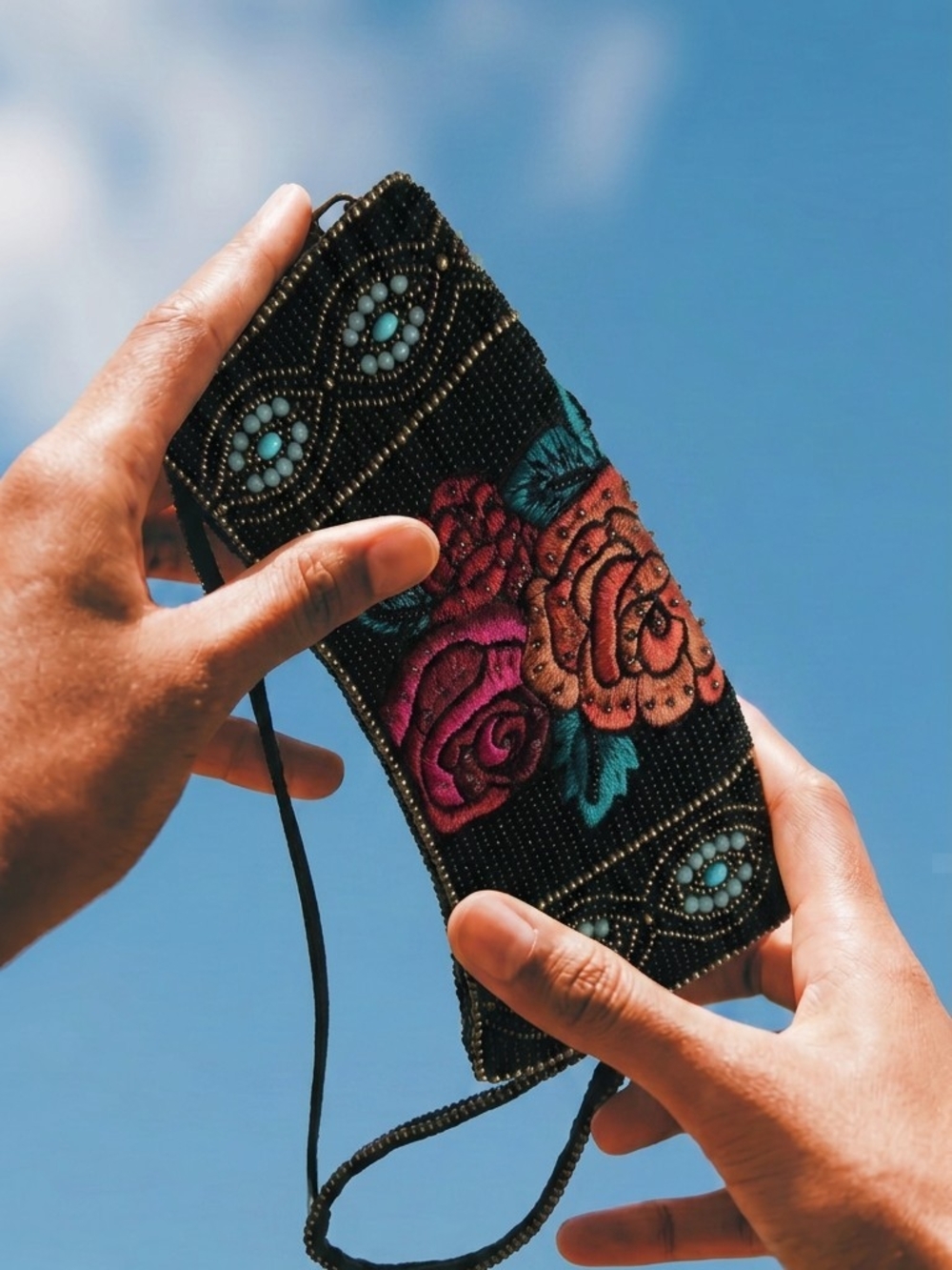 Mary Frances Black Beaded Floral Wristlet with Pink and Orange Roses